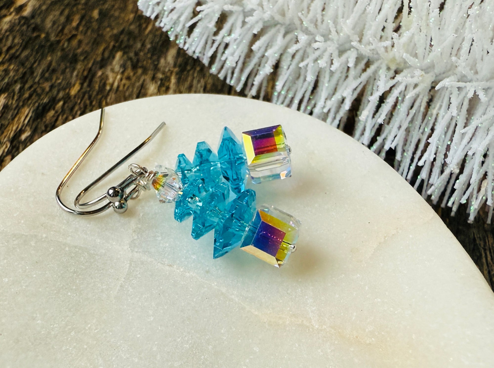 Blue Ice Crystal Christmas Tree Earrings