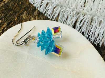 Blue Ice Crystal Christmas Tree Earrings
