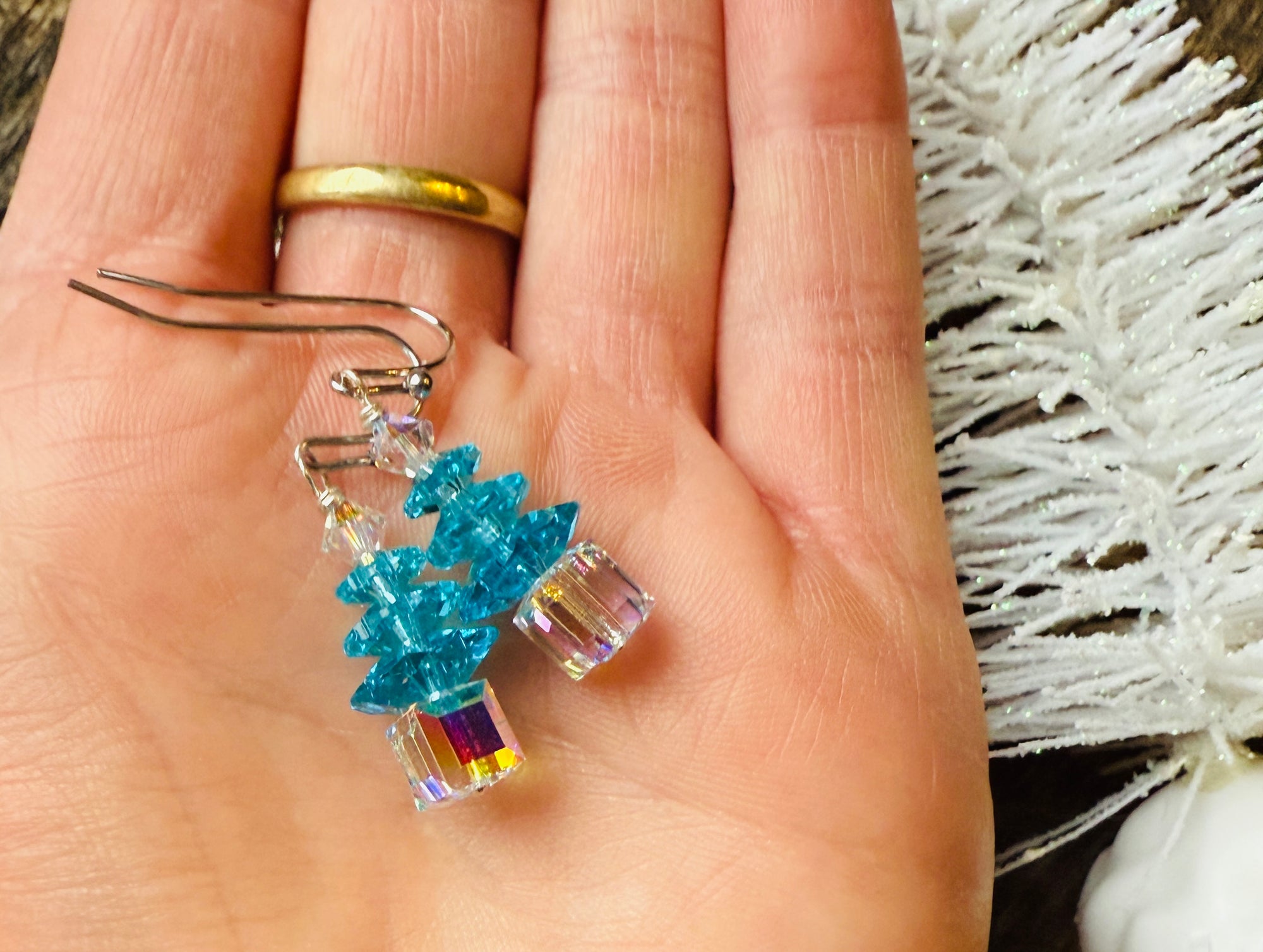 Blue Ice Crystal Christmas Tree Earrings