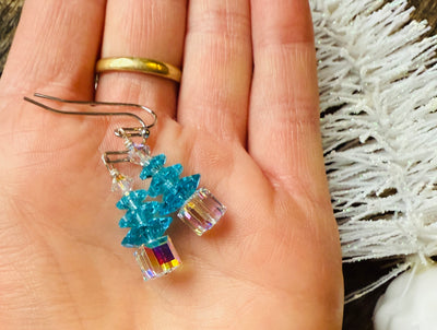 Blue Ice Crystal Christmas Tree Earrings