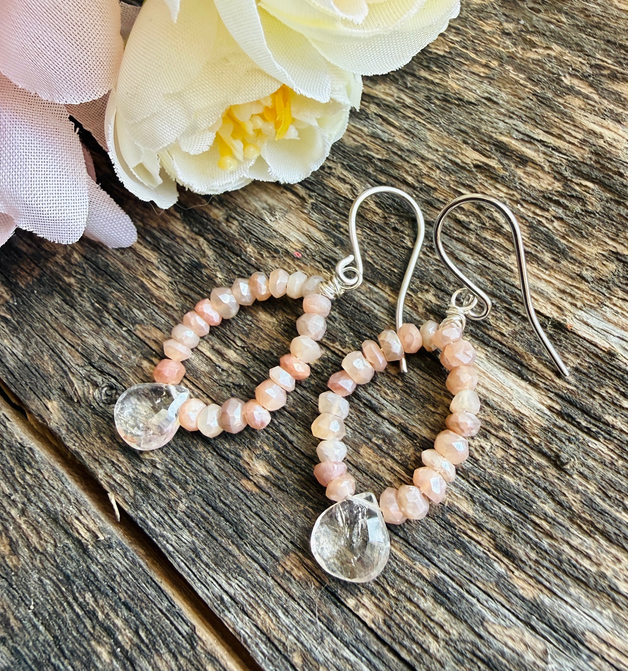 Peach Moonstone Gem Hoop Earrings