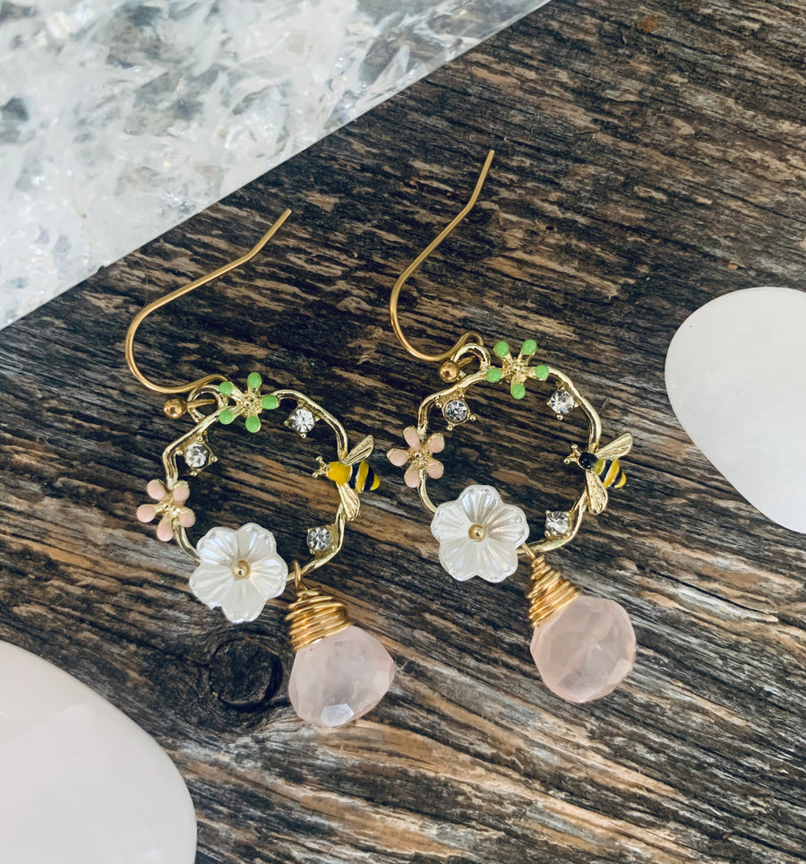 Rose Quartz Bee Garden Earrings