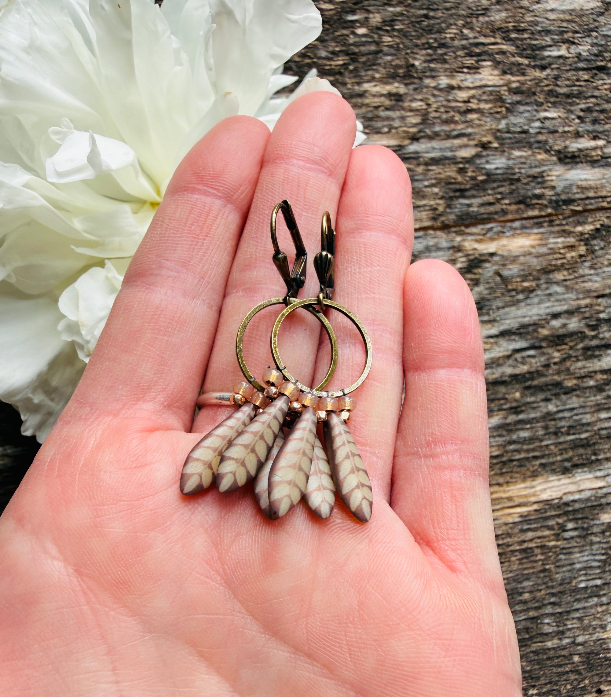 Tan Feather Petite Fringe Hoops