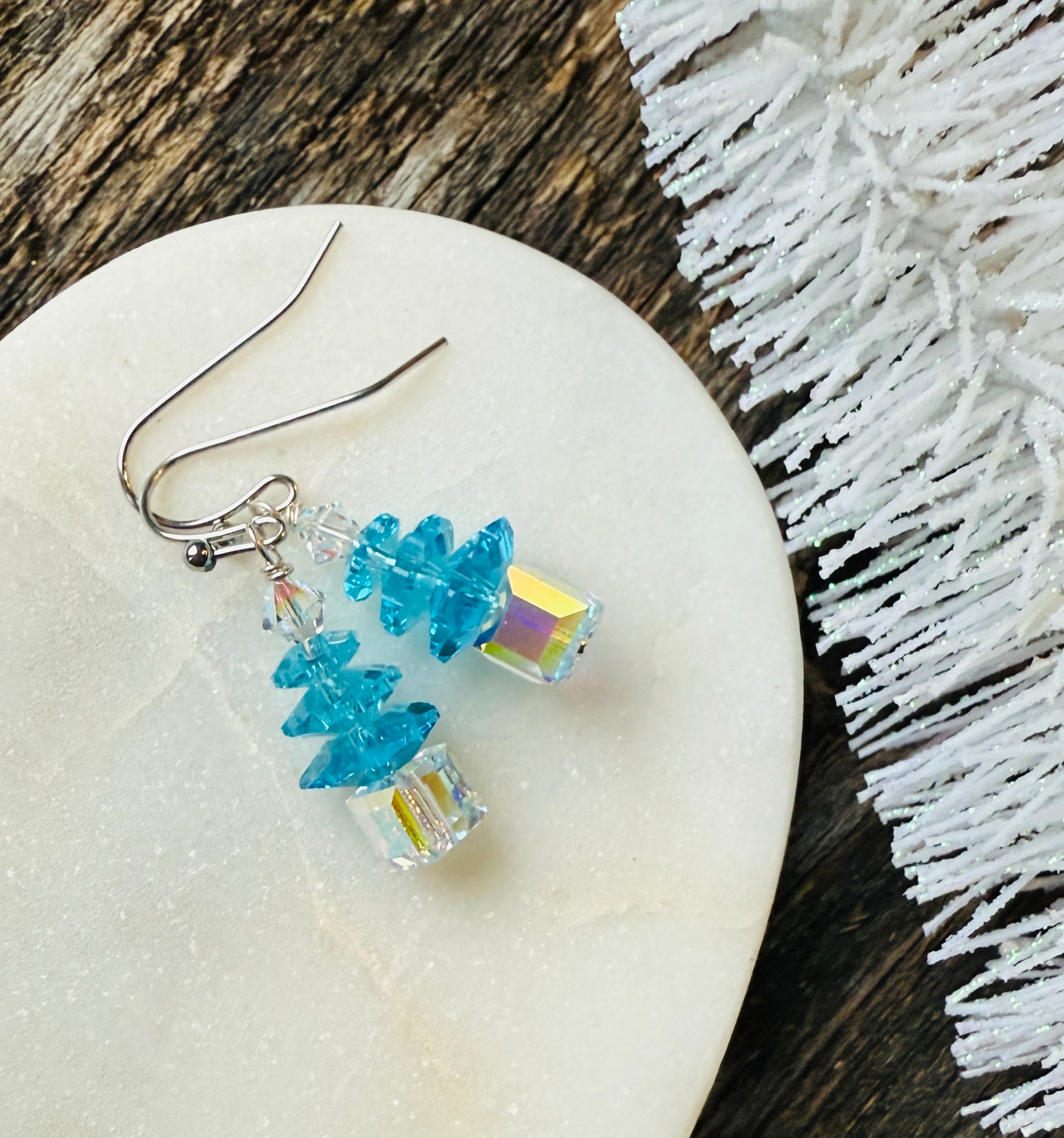 Blue Ice Crystal Christmas Tree Earrings