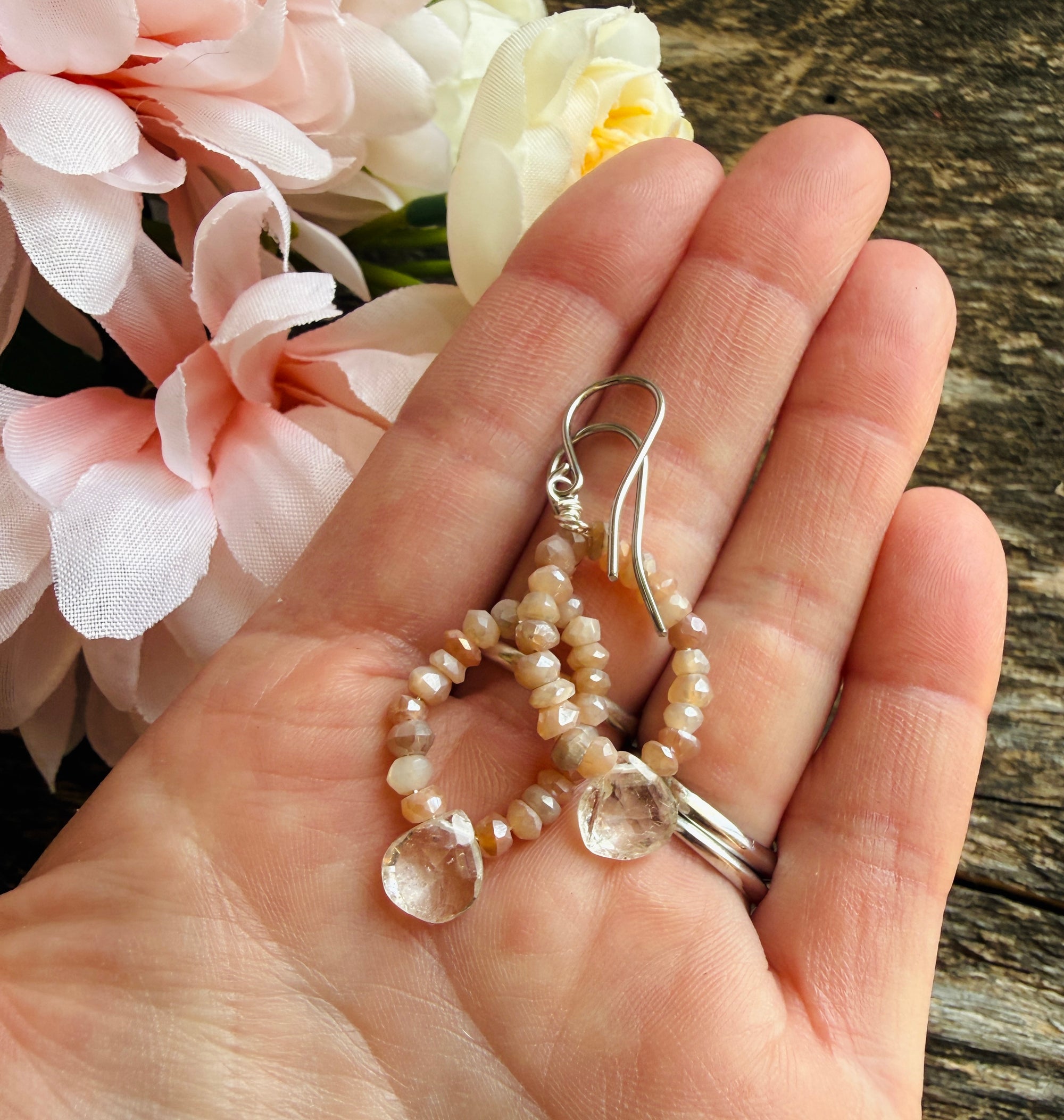 Peach Moonstone Gem Hoop Earrings