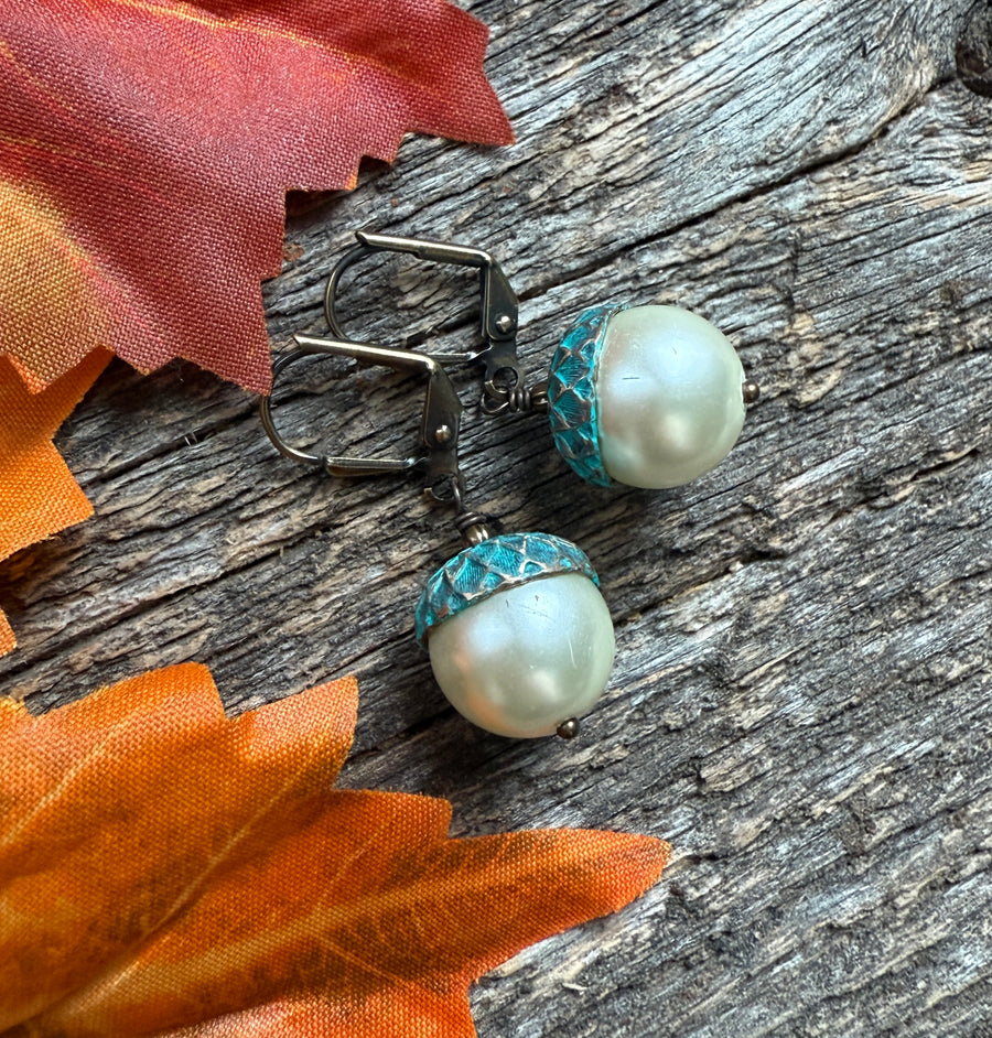 Cream Patina Acorn Earrings