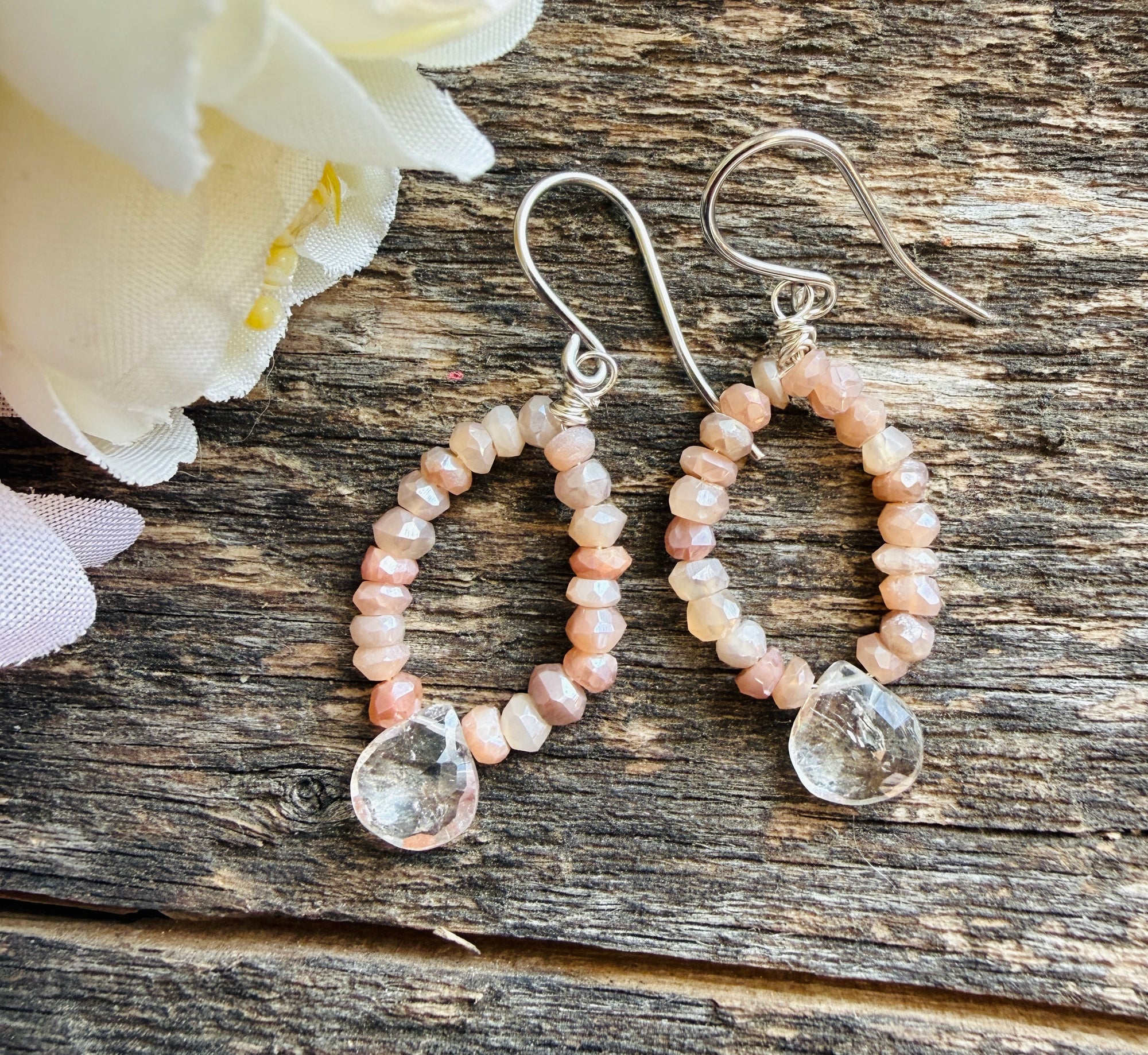 Peach Moonstone Gem Hoop Earrings