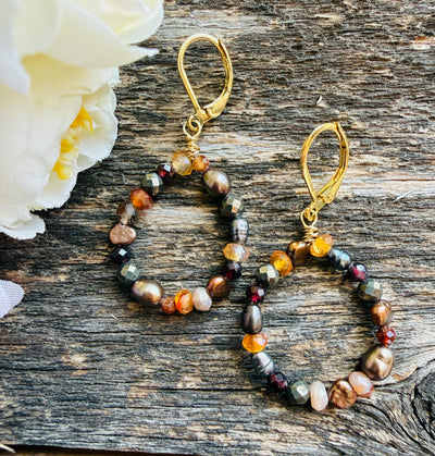 Autumn Gem & Pearl Hoop Earrings