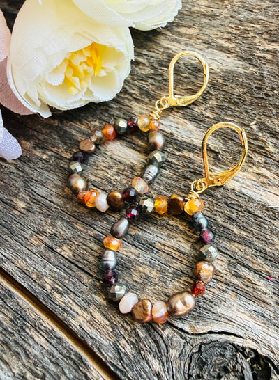Autumn Gem & Pearl Hoop Earrings