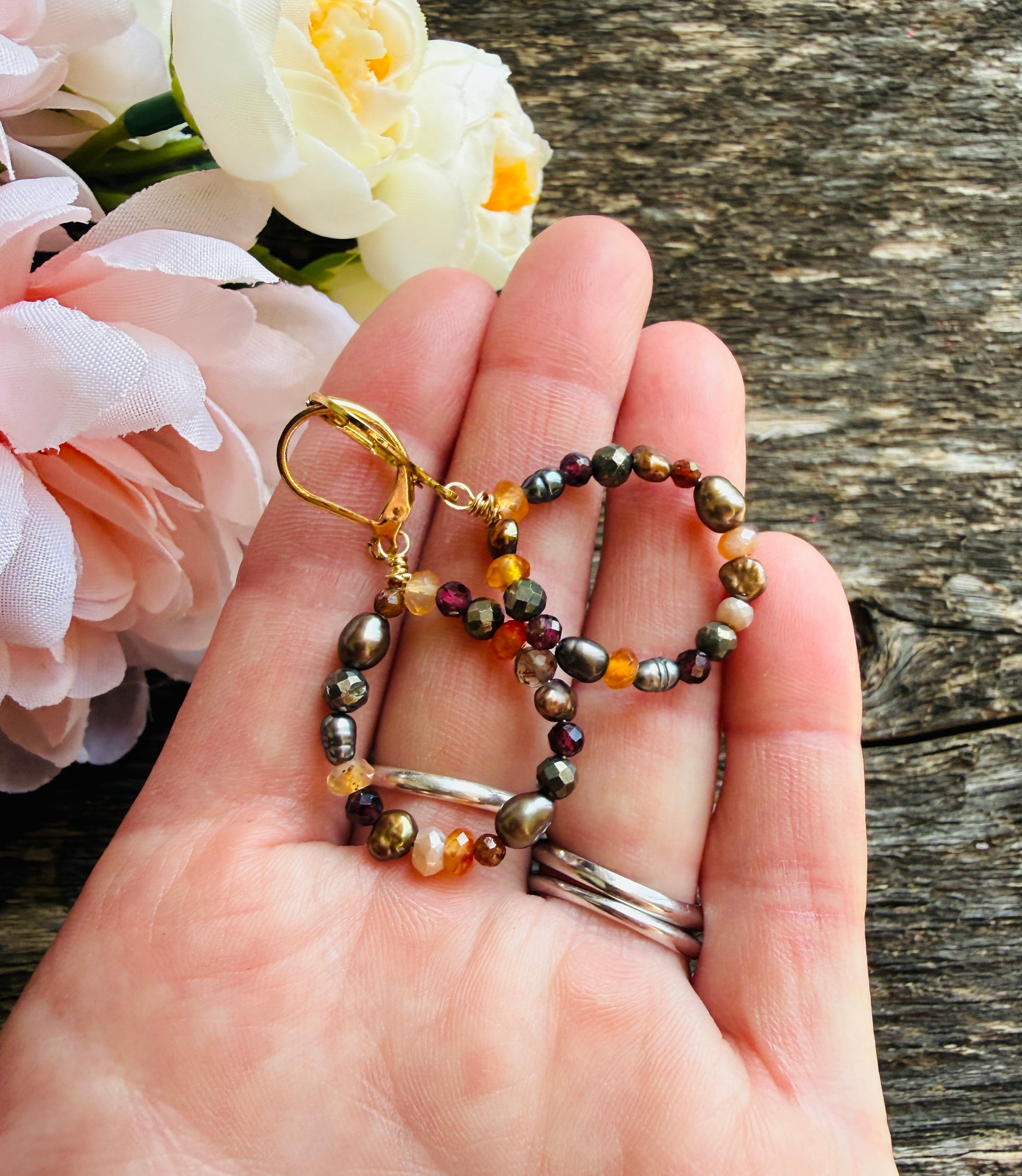 Autumn Gem & Pearl Hoop Earrings