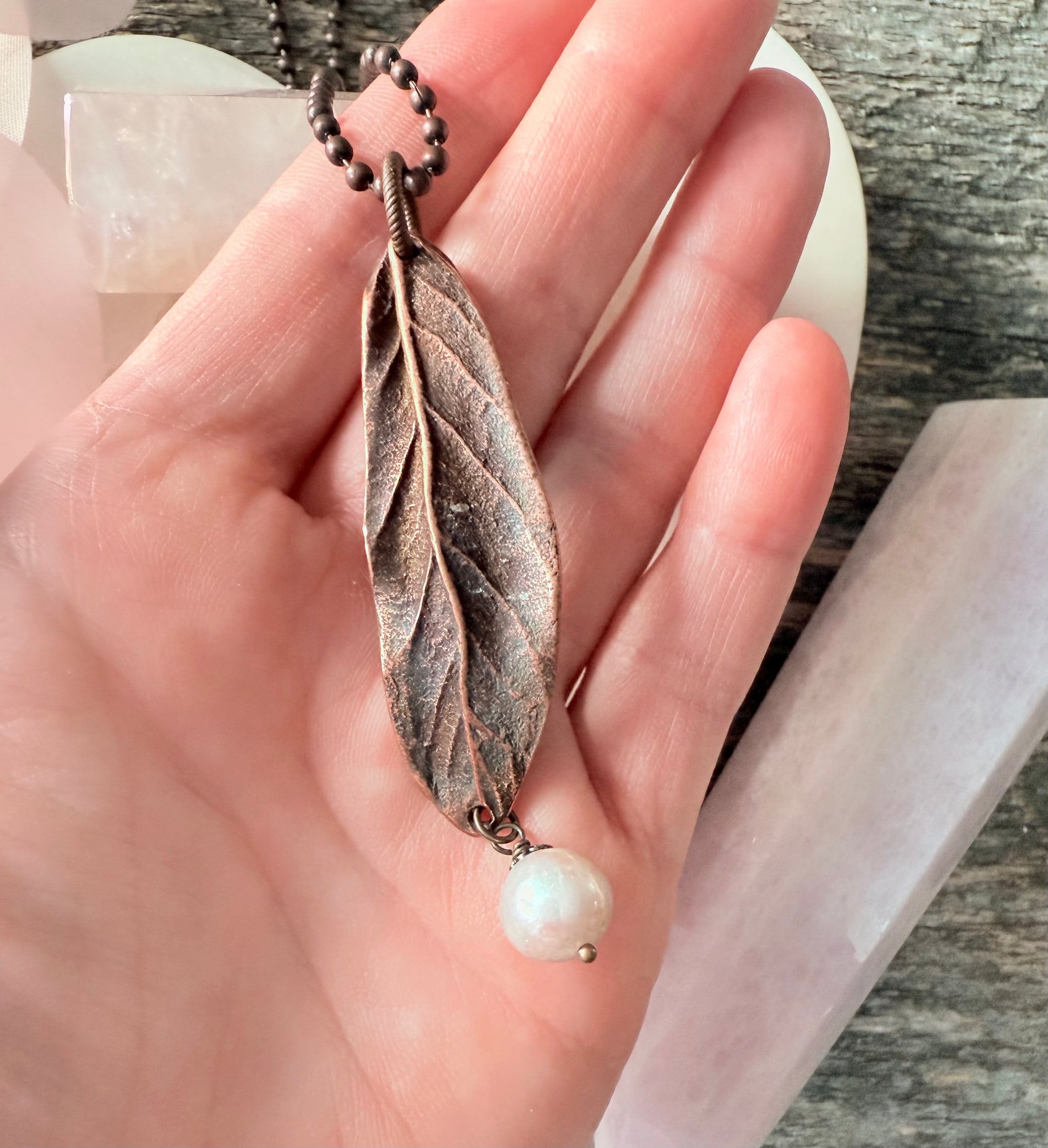 Rustic Pearl Leaf Necklace