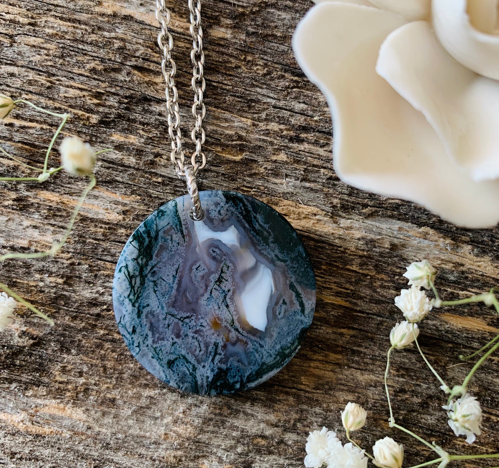 Moss Agate Gemstone Coin Necklace
