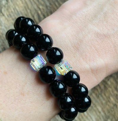 Black Onyx & Crystal Cube Gemstone Bracelet