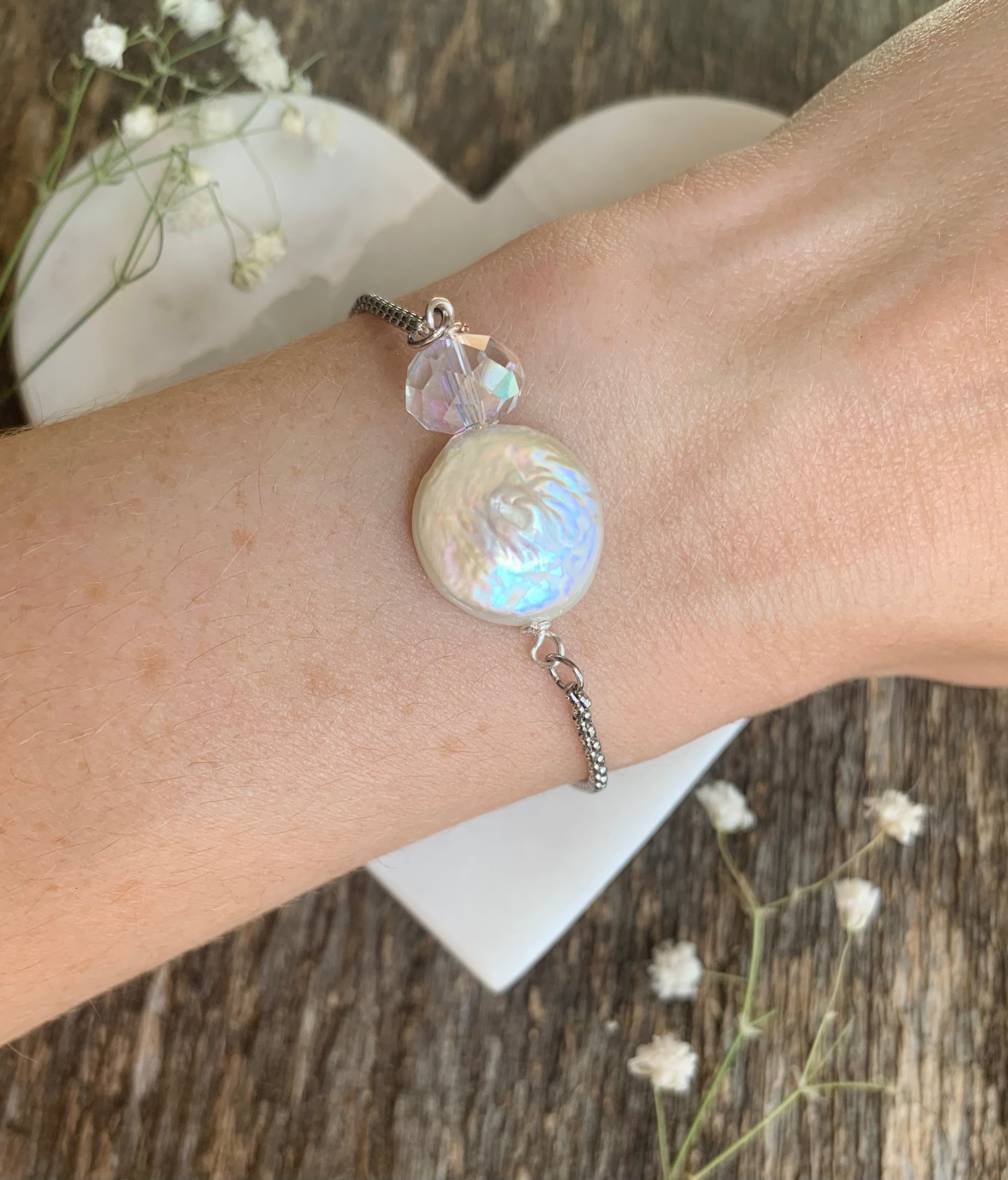 Freshwater Coin Pearl & Crystal Bracelet