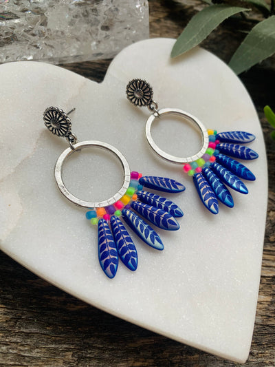Rainbow Cobalt Feather Fringe Hoops