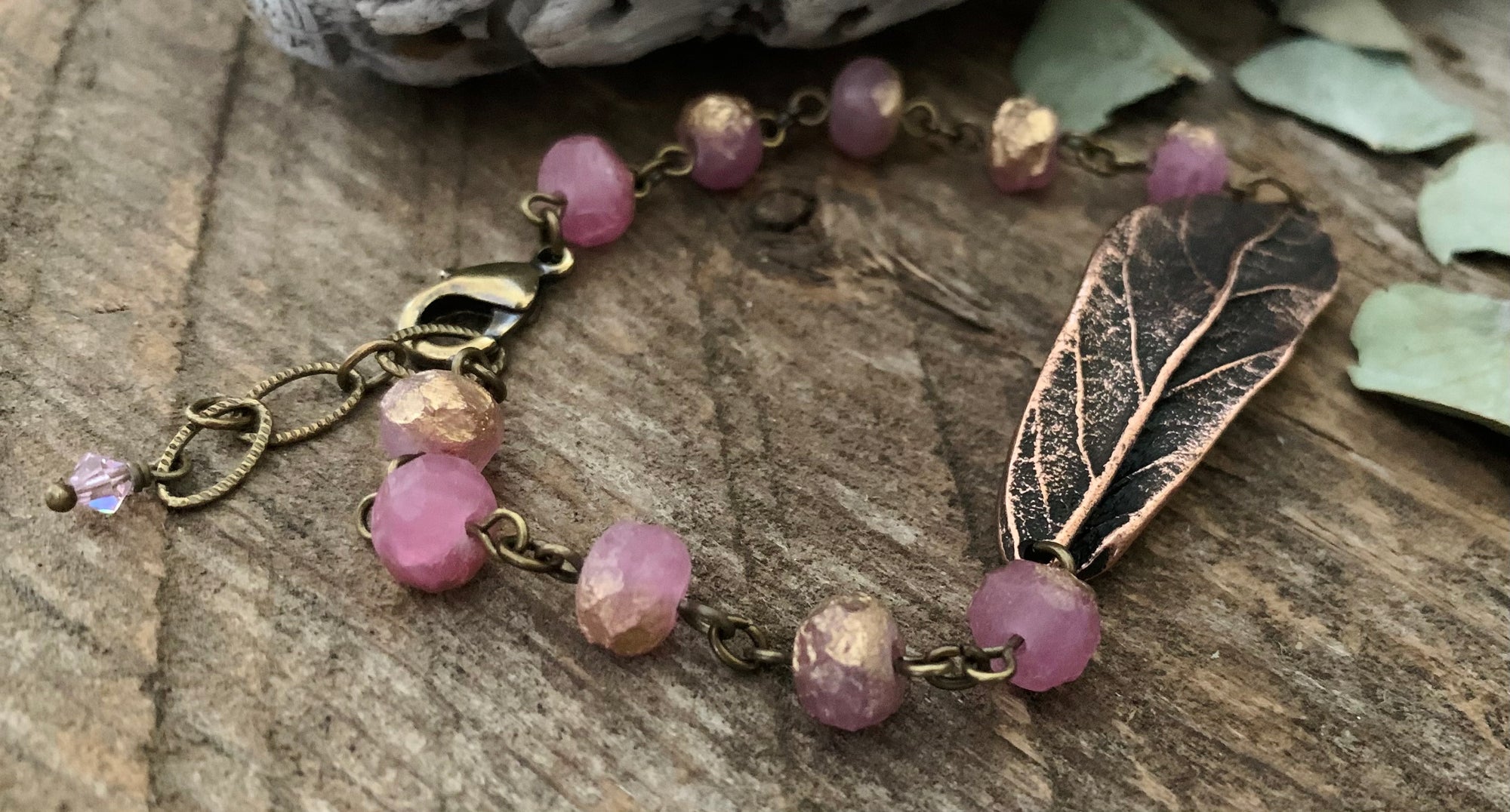 Golden Rose Rustic Leaf Bracelet