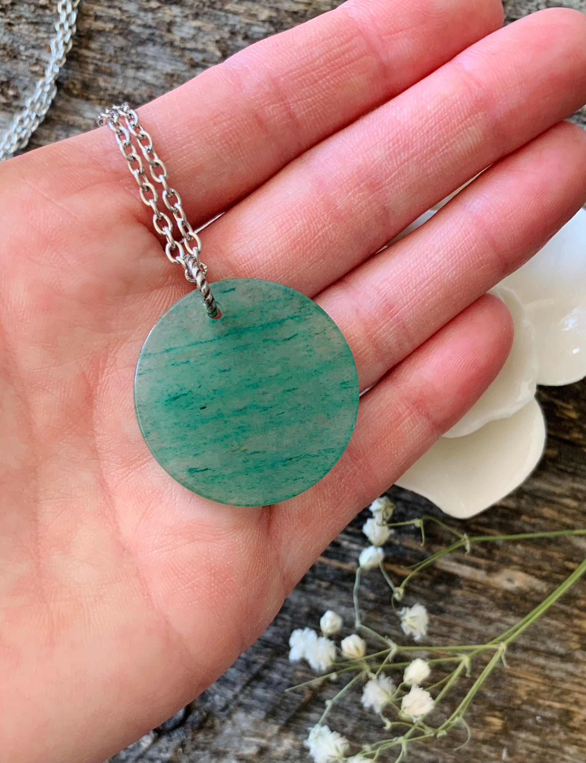 Green Aventurine Gemstone Coin Necklace
