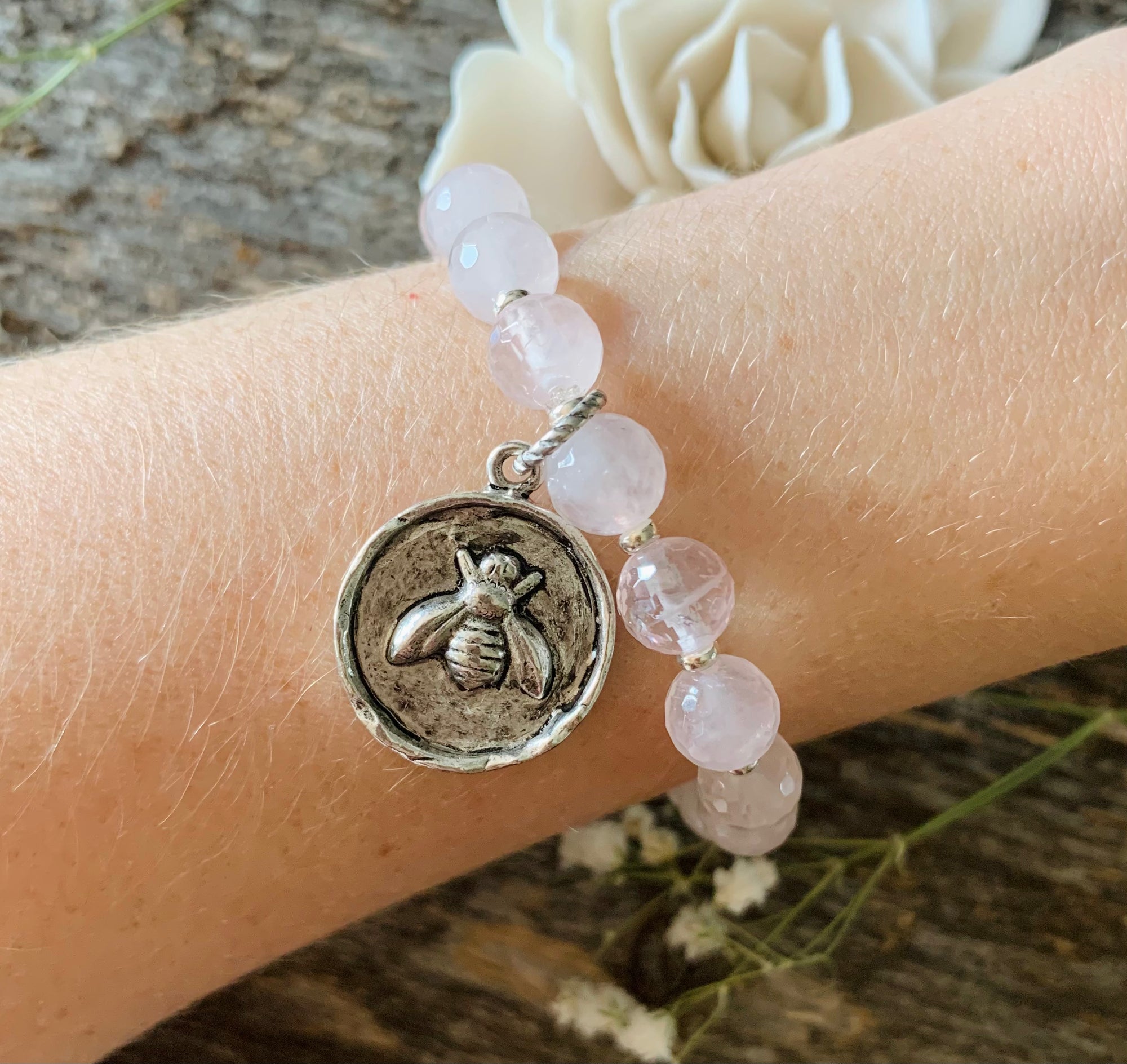 Rose Quartz Bee Medallion Bracelet
